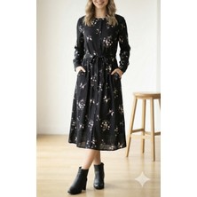 Civetta Kadın Uzun Kollu Hakim Yakalı Düğmeli Kuşaklı Desenli Maxi Mikro Süprem Elbise