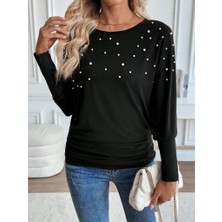 Gacha Kadın Uzun Kollu Yuvarlak Yaka Incili Viskon Bluz