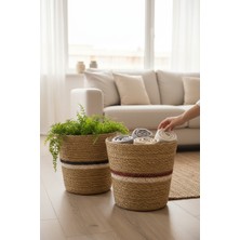 Akayev Nature Hasır 2li 26 cm Yuvarlak El Örmesi Saksı Lacivert-Bordo