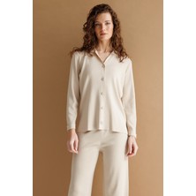 Desen Triko Kadın Polo Yaka Uzun Kollu Ince Triko Ceket Bej