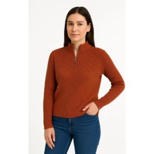 Nnstartshopping  Kadın Yarım Fermuarlı Triko Kazak – Selanik Örgü, Dik Yaka, Pamuklu Dokuma, Oversize Uzun Kollu Kışlık Model - Kiremit