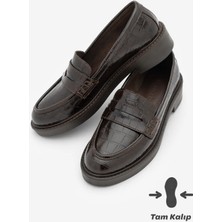 Marjin Kadın Loafer Günlük Klasik Ayakkabı Casual Makosen Fonle Kahve Croco