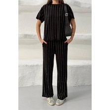 Dip Moda Kadın Siyah Taş Şerit Detaylı Kısa Kol Basic Ikili Takım DPG129