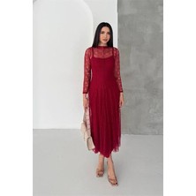 Dip Moda Kadın Bordo Midi Boy Transparan Detaylı Astarlı Dantel Elbise DPK080