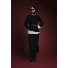 Armine Trend Asimetrik Kesim Çizgi Detaylı Etekli Triko Ikili Takım Siyah 25YTD6119