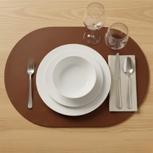 Grand Fine Art 6 Kişilik 12 Parça Kahverengi Tam Oval Deri Amerikan Servis Supla 33X44 Cm-Kolay Silinir Supla