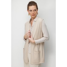 Desen Triko Kadın Etek Ucu Baklavalı Triko Yelek Bej