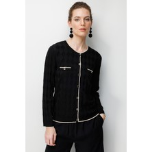 Desen Triko Kadın Sıfır Yaka Küçük Baklava Desenli Ince Triko Hırka Siyah