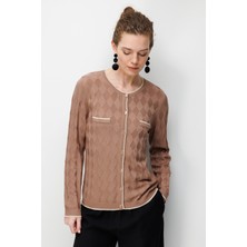 Desen Triko Kadın Sıfır Yaka Küçük Baklava Desenli Ince Triko Hırka Moka