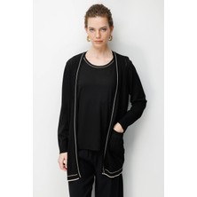 Desen Triko Kadın V Yaka Ajurlu Önü Açık Ince Triko Hırka Siyah