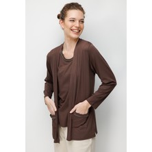 Desen Triko Kadın V Yaka Yakası ve Cep Üstü Zincirli Penye Hırka K.kahve