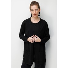 Desen Triko Kadın V Yaka Etek Ucu Baklavalı Önü Açık Ince Triko Hırka Siyah