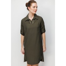 Desen Triko Kadın Yakası Yaldız Işlemeli Elbise Haki