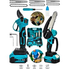 Moonshop 2 Li Set 128 Vf 10 Ah Çift Akülü Bakır Sargı Çelik Şanzuman Şarjlı Dal Ağaç Kesme Bağ Budama Makası