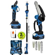 Moonshop Japan Teknoloji 256 Vf 20 Ah 2 Li Set 2 Akülü Şarjlı Ağaç Dal Kesme Budama Makası Testere Teleskopik