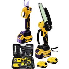 Moonshop Pro Seri Sarı Japan Teknoloji Bakır Pro 2 Li Set Çift Akülü Şarjlı Dal Budama Makası & Testeresi
