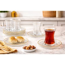 Eksen Gold Detaylı Cam Çay Seti 18 Parça | Çay Bardağı, Tabak ve Servis Tabağı Seti | Şık Sunum Seti