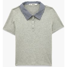Koton Kadın Slim Fit Kısa Kollu Polo Yaka Tişört Gri Renk Viskon Karışımlı Günlük Stil
