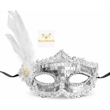 SHC4200 Mey Ithalat® Gümüş Tüylü Payetli Lüks Taşlı Parti Maskesi