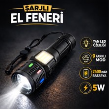 Nzb Şarjlı LED El Feneri Yan LED 5W 2500 Mah USB Type C Şarjlı Pil Göstergeli Güçlü Işık Kamp Feneri