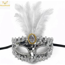 SHC4200 Mey Ithalat® Lüks Gümüş Tüylü Taşlı Balo Maskesi