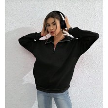 Artsviva Unisex Uzun Kol Yarım Farmuarlı Yakalı Basic Sweatshirt - Siyah