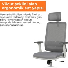 Sempre Greta Fileli Çalışma Koltuğu Ayarlanabilir Başlıklı Bel Destekli Hareketli Kollu Ofis ve Home Office Sandalyesi Beyaz Siyah