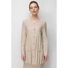 Desen Triko Kadın Sıfır Yaka Pileli Uzun Triko Ceket Bej