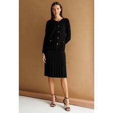 Desen Triko Kadın Sıfır Yaka Pileli Kısa Triko Ceket Siyah