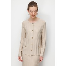 Desen Triko Kadın Sıfır Yaka Pileli Kısa Triko Ceket Bej