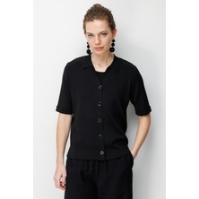 Desen Triko Kadın Polo Yaka Kısa Kollu Ince Triko Ceket Siyah