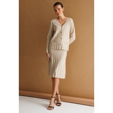 Desen Triko Kadın V Yaka Pileli Araboy Ince Triko Ceket Bej