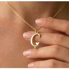 Ashak Accessories Kadın 925 Ayar Gümüş Zincirli Ç Harfi Kalpli Baş Harfli Kalp Harf Alfabe Isim Kolye