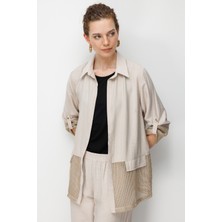 Desen Triko Kadın Eteği ve Kol Ucu Fileli Yazlık Ceket Bej