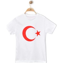 Alme TÜRK BAYRAK BASKILI AY YILDIZLI BEYAZ ÇOCUK TİŞÖRT %100 Pamuk (Bir Beden Büyük Önerilir )