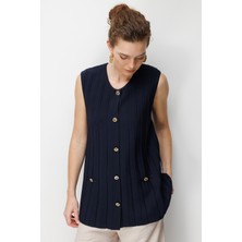 Desen Triko Kadın Sıfır Yaka Pileli Uzun Ince Triko Yelek K.lacivert