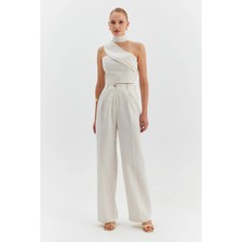 Nish&Chic Tek Pileli Natur Palazzo Pantolon