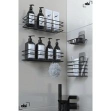Paslanmaz Yapışkanlı Siyah Metal Banyo Rafı 4'lü Set Duş Rafı Şampuanlık Sabunluk Diş Fırçalık Rafı