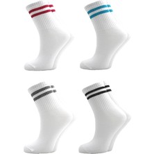 Kardeşler Çorap Kadın Renkli Çizgili Beyaz Soket Tenis Çorap Kolej 4'lü Paket