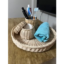 Aktarlife Doğal Rattan Banyo Organizer Sepet – Çok Bölmeli Lavabo Düzenleyici Diş Fırçası Pamukluk Seti