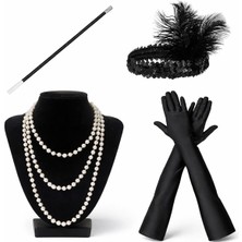 Tbl Dekor 1920’LER Çarliston Aksesuar Seti – Inci Kolye, Eldiven, Sigara Tutucu, Siyah Saç Bandı