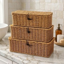 Mien 3’lü Kapaklı Rattan Hasır Sepet Seti - Kilitleme Detaylı Dekoratif Organizer Seti