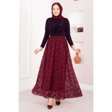 OC Flok Baskılı Astarlı Tül Etek Bordo