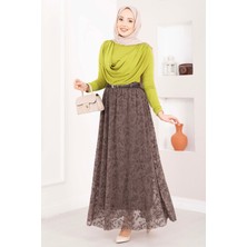 OC Flok Baskılı Astarlı Tül Etek Kahve