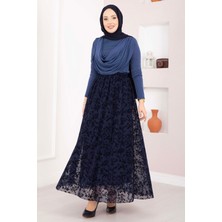 OC Flok Baskılı Astarlı Tül Etek Lacivert