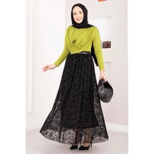 OC Flok Baskılı Astarlı Tül Etek Siyah