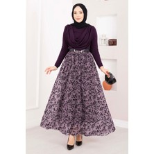 OC Flok Baskılı Astarlı Tül Etek Lila