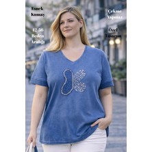 XCEDY Cedy - Kadın Özel Tasarım Esnek, Pul Payet, Dantel Detaylı Yıkamalı V Yaka Büyük Beden Tişört