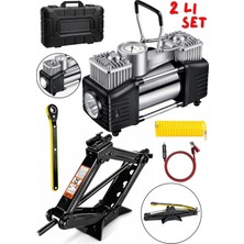 Moonshop Oto Krikosu 1.5 Ton Makas Cırcırlı Araç Kriko+Çift Pistonlu Şişirme Kompresörü 2 Li Set