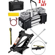 Moonshop Oto Krikosu 1.5 Ton Makas Cırcırlı Araç Kriko+Çift Pistonlu Şişirme Kompresörü 2 Li Set